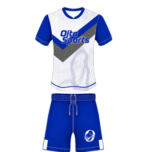 Conjunto de Uniforme de Rugby de Manga Corta en Azul Rey, Blanco y Gris, Jersey de Rugby con Cuello Redondo y Diseño Gráfico, Pantalones Cortos con Cordón, Ropa Deportiva para Equipo - Product Image 1