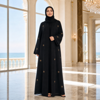 Abaya noire tricotée sur mesure ODM pour femme, broderie étoile dorée, devant ouvert, manches longues, robe kaftan musulmane, tenue modeste du Moyen-Orient, OEM