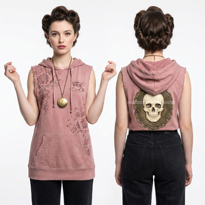 Chaleco Largo Personalizado de 500GSM Rosa sin Mangas para Mujer, con Gráfico Victoriano Memento Mori, Bordado Floral y Ribete de Encaje, Talla Grande - Product Image 1