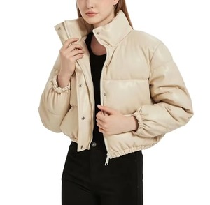 Women's Beige Quilted Jacket Stand Collar Zipper Closure Full Sleeve Thick Winter Coat Solid Color PU Leather Shell - Product Image 4