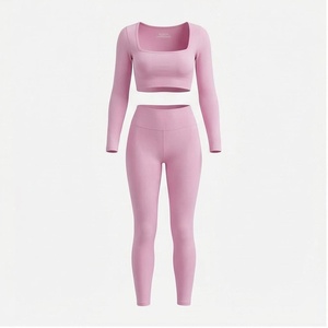 Pink 2 Piece Yoga <b>Set</b> <b>Square</b> Neck Long Sleeve Crop Top High Waist Full Length Leggings Seamless Sportswear - Product Image 1