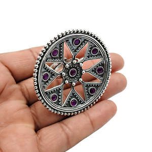 925 Sterling Silver Adjustable Ring Vintage Style Statement Boho Jewelry <b>Oxidized</b> With Multi Ruby Gemstone In Small Round Shape - Product Image 3