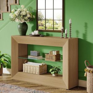 Consolle da 55 pollici a 3 livelli in stile rustico con ripiano in vetro, elegante tavolo da divano - Product Image 1