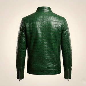 Blouson de motard de luxe pour homme en cuir véritable gaufré vert foncé, imperméable et coupe-vent, avec fermeture éclair et col montant, OEM ODM Front - Product Image 2