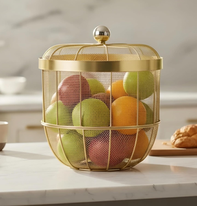 Corbeille à fruits en maille avec couvercle, bol décoratif en fil métallique pour comptoir de cuisine - Support à fruits en métal respirant pour oranges - Product Image 6