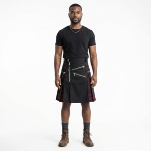 Kilt unisexe noir à carreaux utilitaire avec panneaux cargo, multi-poches, détails zippés, style streetwear et workwear, design premium personnalisé - Product Image 1