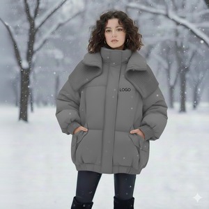 Women's <b>Light</b> Blue Quilted Winter <b>Jacket</b> With Knit Collar Stand Neck Full Sleeve Thick Polyester Wadding Windproof Long Length - Product Image 1