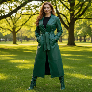 Abrigo Largo de Cuero Vintage de Diseño de Lujo con Cinturón y Forro de Seda, Chaqueta de Primavera/Otoño para Mujer - Product Image 1