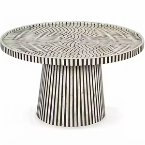 Mesa de centro redonda hecha a mano con incrustaciones de hueso, diseño de rayas solares en blanco y negro, mesa central moderna con base de pedestal, accesorio decorativo para sala de estar, venta al por mayor - Product Image 1