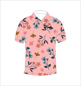 Polo Floral Multicolor Rosa con Patrón de Flores y Hojas Azules y Marrones, Manga Corta, Verano, Casual, Vista Frontal y Trasera - Product Image 2