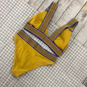 Women's <b>Yellow</b> <b>Bikini</b> Set Crossed Halter Top High Waist Bottom Contrast Binding Spandex Polyester Stretch Eco-Friendly Quick Dry - Product Image 1