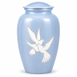 Urna Funeraria Azul Cielo con Palomas Blancas Grabadas, Adhesivo Conmemorativo con Imagen, Urna de Esmalte para Cenizas Humanas - Product Image 1