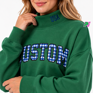Sudadera de cuello alto para mujer con letras de tela a cuadros y ribetes, sudadera extragrande con bordado en el cuello - Product Image 6
