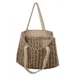 Quilted 100% Cotton Tote <b>Bag</b> Striped Pattern Large Capacity Reusable Eco Friendly Shopping Travel Daily Carry Long Handle - Product Image 3