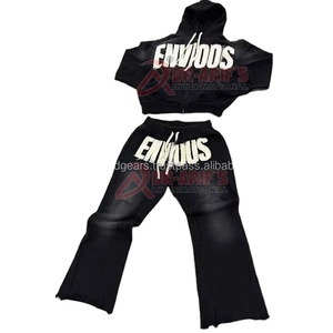 Logo personnalisé délavé à l'acide ensemble de sweat à capuche zippé rétro rue broderie patché décontracté pantalon de survêtement évasé avec pour bouffée impression hiver S - Product Image 6