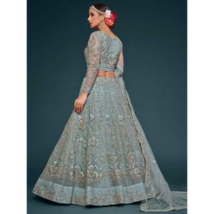 Fetching Aqua Blue Embroidered Soft <b>Net</b> Lehenga Choli With Dupatta - Product Image 5