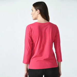 Camiseta de Manga Tres Cuartos con Cuello Redondo para Mujer, Color Sólido, Corte Regular, Informal, 100% Algodón, Tejido Transpirable, para Todas las Temporadas - Product Image 2