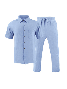 Conjunto de 2 Piezas de Ropa Informal de Lino Sólido para Hombre, Camisa de Manga Larga con Botones y Pantalones, Estilo Casual para Primavera - Product Image 5