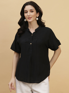 Blusa de Manga Corta con Cuello Mandarín para Mujer, Color Negro, Corte Holgado, Informal, de Popelina, con Botones - Product Image 1