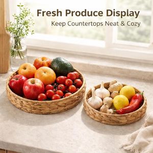 Ensemble de 2 plateaux de service en jacinthe d'eau, paniers ronds tressés, style rustique naturel, pour fruits et pain, pour la cuisine - Product Image 5