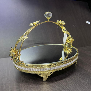<b>Rectangular</b> gold <b>mirrored</b> cake stand <b>tray</b> with crystal trim and floral arch, available at wholesale prices. - Product Image 5
