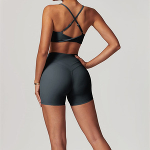 Women Seamless Yoga Shorts Set Solid Color <b>Racerback</b> Sports <b>Bra</b> High Waist Workout Activewear Outfit Fitness Ladies 2-Piece - Product Image 2