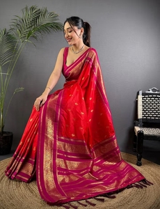 KV <b>Red</b> Women Kanjivaram Pure Soft Silk Saree With Unstitched <b>Blouse</b> - Product Image 6