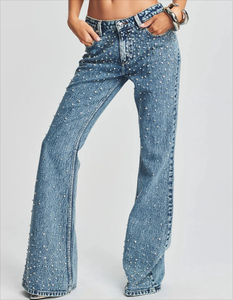 Jean en denim évasé taille haute pour femme, longueur intégrale, en coton délavé, orné de perles, coupe ample, style vintage, pour le printemps et les tenues décontractées - Product Image 1