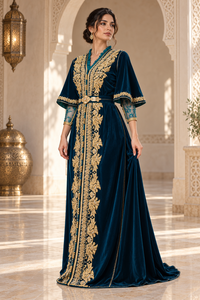 Luxury Deep <b>Teal</b> Velvet Moroccan Caftan with Gold Floral Embroidery and Belt for Women <b>Wedding</b> Dinner Gala Traditional Arab Wear - Product Image 6