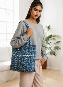 กระเป๋าผ้าฝ้ายพิมพ์ลายอินดิโก้ 100% ขนาดใหญ่ สำหรับใส่ของช้อปปิ้ง กระเป๋าผ้าฝ้ายพิมพ์ลายสำหรับไปทะเล - Product Image 6