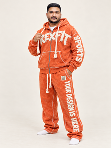 REXFIT SPORTS <b>Men's</b> <b>Orange</b> Stone Washed Front Hoodie <b>Sweatshirt</b> Set Flock Print French Terry Track Pants Custom Design Autumn - Product Image 3