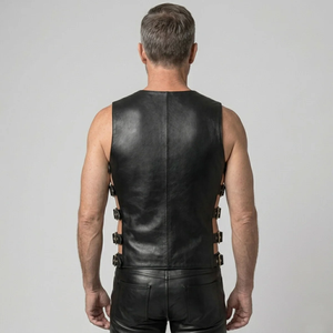 <b>Mens</b> <b>Leather</b> <b>Vest</b> Black Lambskin Zip or Open Front Side Lace Up and Buckle Strap Options Adjustable Fit Waistcoat - Product Image 5
