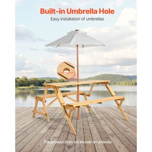 Mesa de Picnic Plegable Portátil 2 en 1 con Soporte para Sombrilla, Transformable e Intercambiable, Juego de Muebles de Jardín de Madera para Exteriores - Product Image 6