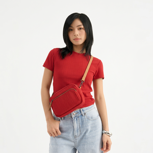 <b>Red</b> Short Sleeve <b>Crop</b> <b>Top</b> O-Neck Knitted Solid Color Casual Fit Women's T-Shirt - Product Image 2