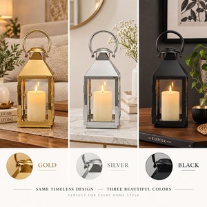 Lanterne porte-bougie en acier inoxydable avec panneaux en verre et poignée pour la décoration de la maison - Product Image 5