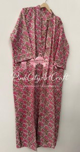 Hand Block Print Pink Floral Cotton Kimono Robe Artisanal Summer Bathrobe <b>Lightweight</b> Maternity <b>Dressing</b> <b>Gown</b> Long Nightwear - Product Image 4