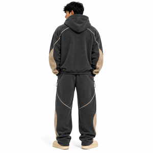 Ensemble de survêtement en polaire sherpa pour homme, 2 pièces, veste à capuche entièrement zippée, pantalon large, bordure colorée, streetwear d'hiver, OEM ODM - Product Image 2