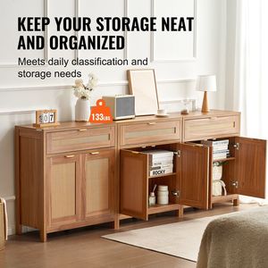 Set di 3 Mobili Contenitori Regolabili in Rattan, Credenza da Soggiorno con 6 Ante Magnetiche e 3 Cassetti, Elegante e Pratico - Product Image 3