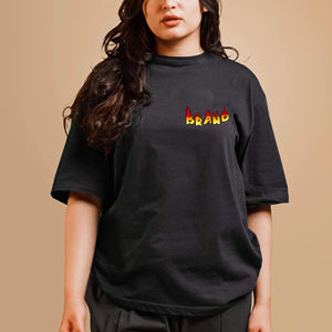 New Article Women's Black Oversized Crew Neck T-<b>Shirt</b> Short Sleeve Loose Fit 100% Cotton Jersey Breathable <b>Flame</b> Logo Print - Product Image 1