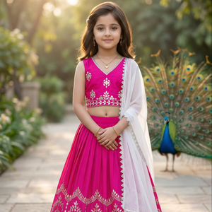 Shoryam Fashion Girls Pink Lehenga Choli Indian Traditional Ethnic Wear Embroidered Mirror Work Fully Stitched Floor-Length Kids - Product Image 1