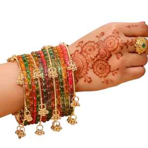 Bracelets en verre traditionnels du Cachemire, multicolores, plaqués or, ensemble de bijoux de mariage, couleurs personnalisées disponibles - Product Image 1