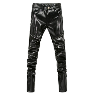 <b>Men's</b> Black Moto Biker <b>Pants</b> With <b>White</b> Stripes High Waist Zipper Fly Spandex Nylon Material - Product Image 3