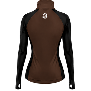 Women Dark <b>Brown</b> Black Quarter Zip <b>Long</b> <b>Sleeve</b> Athletic Training <b>Top</b> Thumbhole Slim Fit Running Fitness Performance Sportswear - Product Image 2