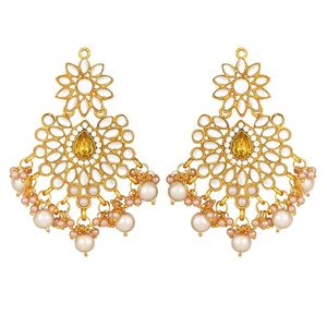 <b>Gold</b> Plated Flower Necklace and Earrings <b>Set</b> with Zircon and Imitation Pearl Vintage Ethnic <b>Jewelry</b> for Women Wedding - Product Image 3