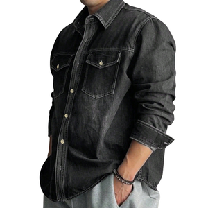 Chemise en jean délavé noir respirante à manches longues pour homme, coupe décontractée, en coton, avec poche poitrine à rabat, séchage rapide, idéale pour l'été - Product Image 5