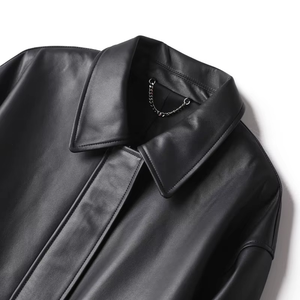 Veste en cuir véritable unisexe OEM ODM, fermeture éclair recouverte, noire, décontractée, ample, style vintage, pour femmes et hommes, type bomber – Grande Vente - Product Image 2