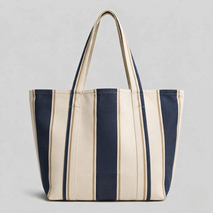 Sac fourre-tout en toile de coton French Crest, écologique, crème et bleu marine rayé, grande capacité, sac à main vintage de luxe pour femmes - Product Image 5