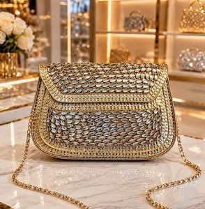 Sac de rangement élégant en or orné de pierres Kundan, pochette tendance avec strass rouges pour soirées, mariages et événements festifs - Product Image 6