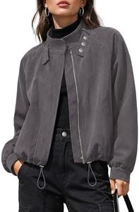 Chaqueta Bomber de Ante Sintético Gris para Mujer, Cuello Alto, Cremallera Descentrada, Dobladillo Ajustable con Cordón, Venta al por Mayor OEM - Product Image 2