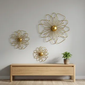 Gold Metal <b>Wall</b> Decor Set of 3 Floral <b>Flower</b> <b>Wall</b> Art for Living Room Bedroom Elegant Decorative Hanging Sculpture - Product Image 2